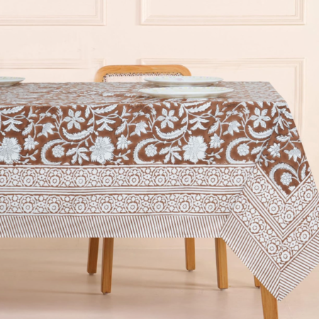 Dark Brown Floral Print Pure Cotton Tablecloth